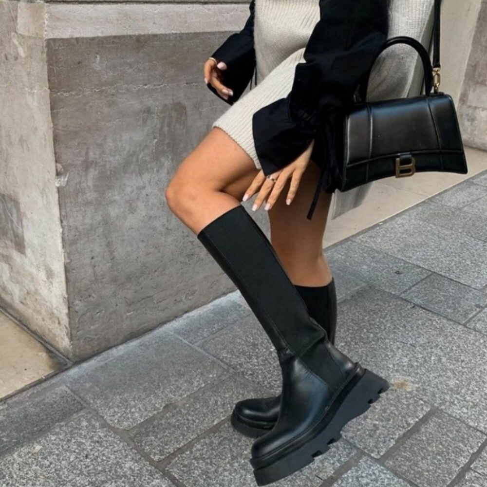 NWT Zara Lug Sole Leather Tall Boots - Picture 7 of 16